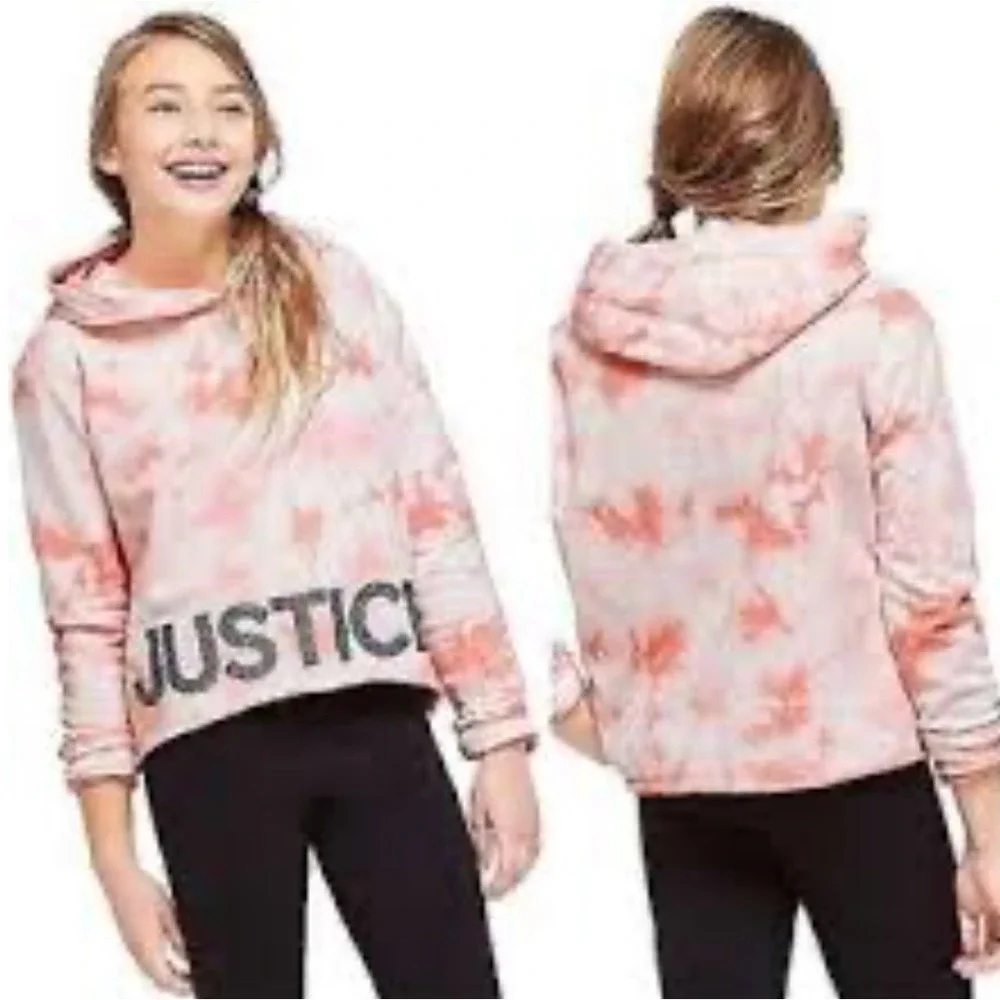 Justice Active Pink Tie Dye Glitter Justice Spell‎ Out Hoodie Size 12/14 *FLAWS*